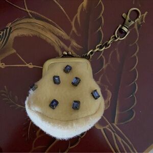 Vintage-Inspired Cream Coin Purse Keychain with Blue Gem Accents